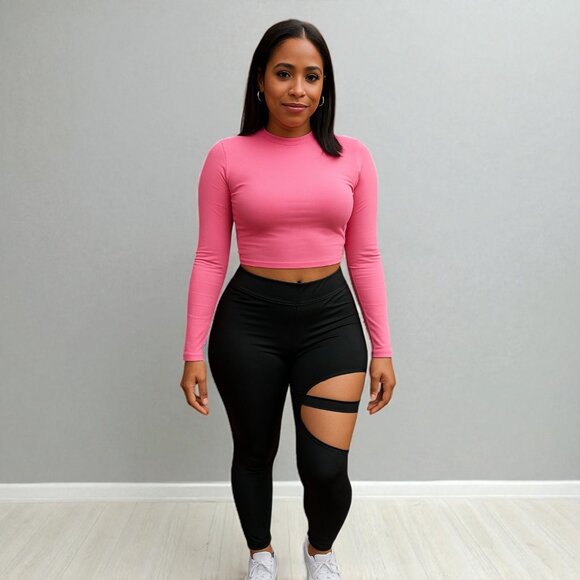 Pink Open Back Long Sleeve Cropped Top - Picture 6 of 6